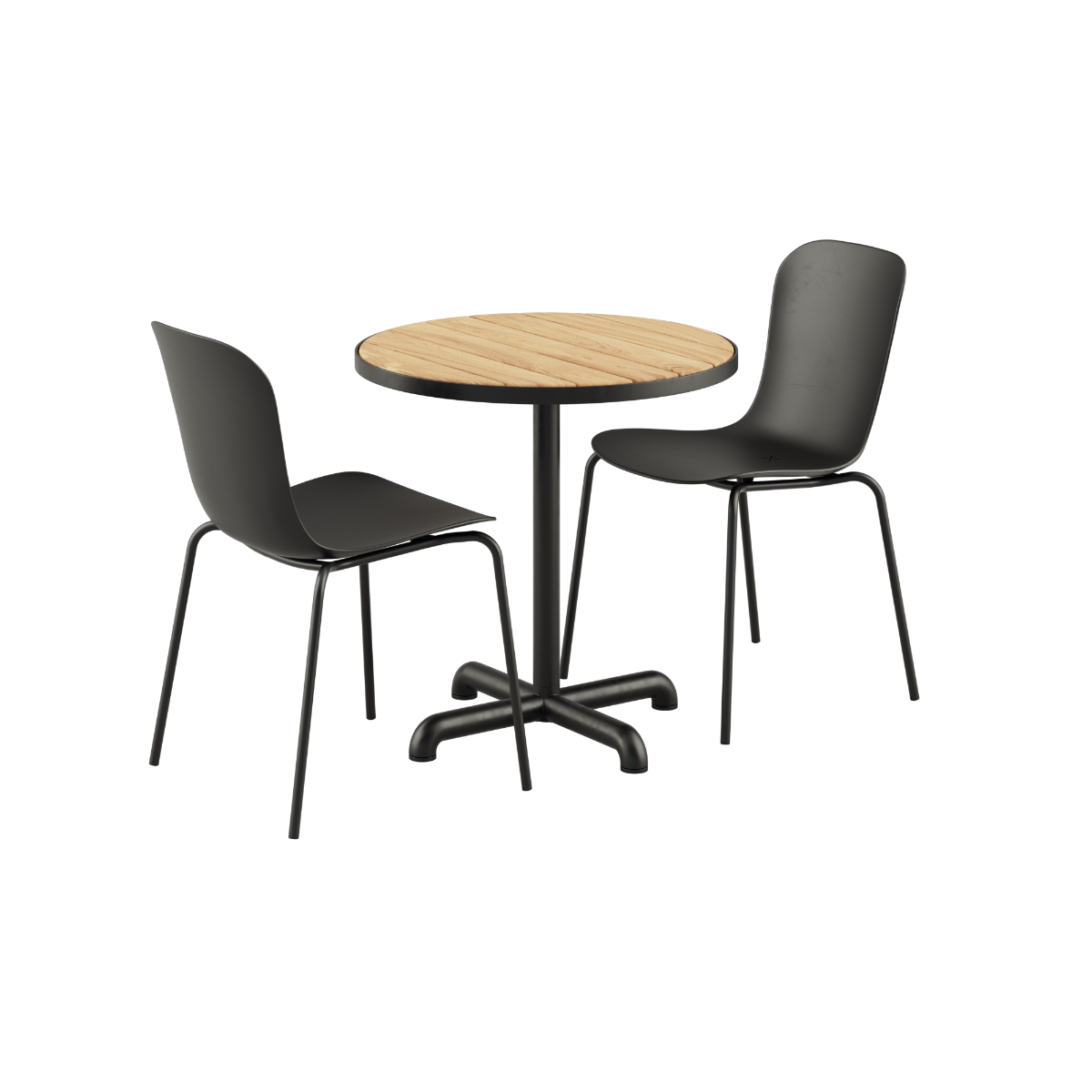 Kirra Café Table with round teak top and two black Patio Chair no. One S1 chairs in black.