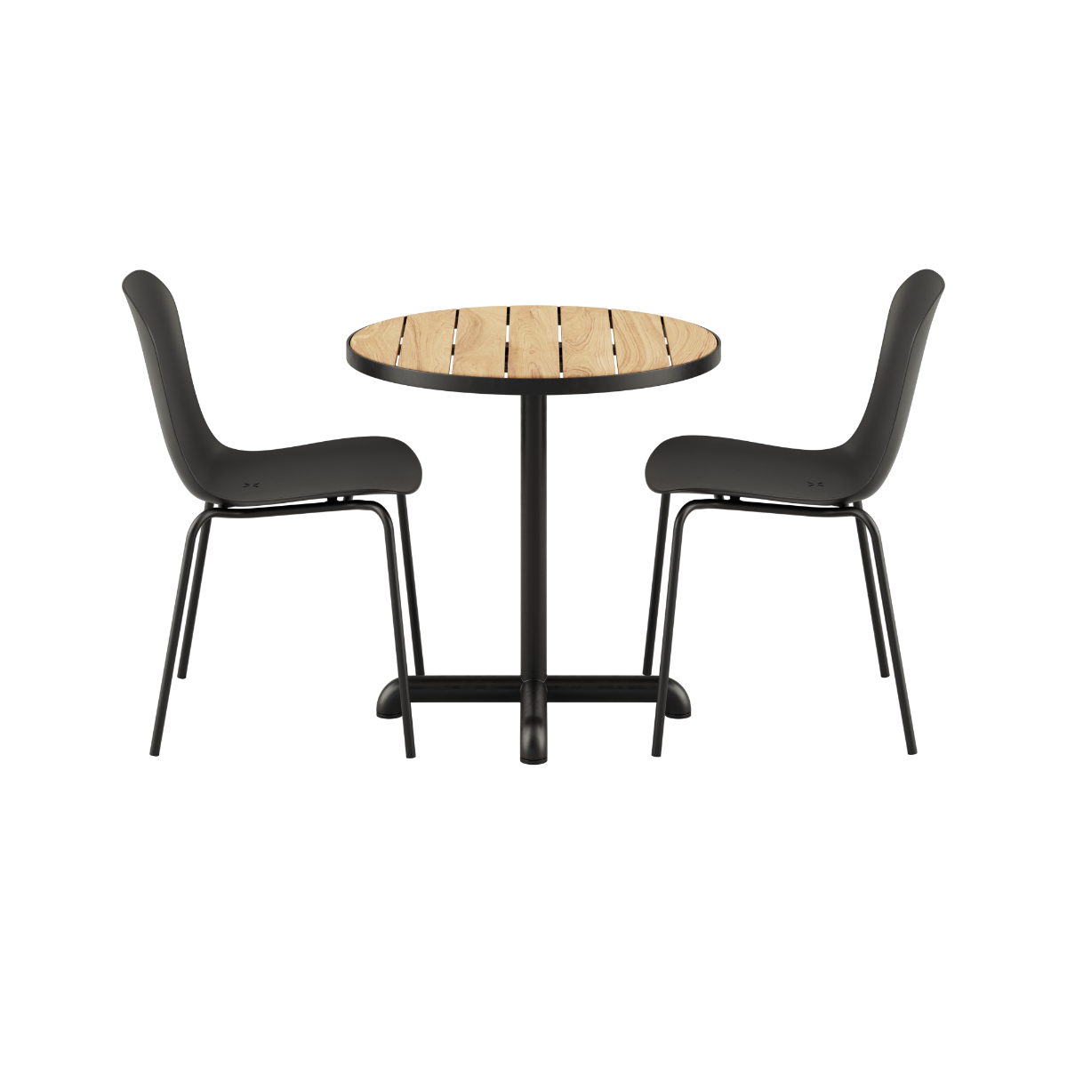 Kirra Café Table med rund teakplate og to Patio Chair no. One S2 i olivengrønn og svart, utendørs sett.
