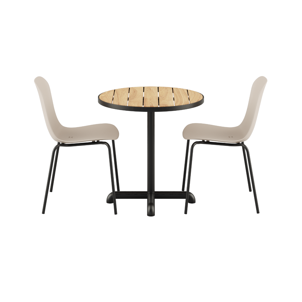 Kirra Café Table with round teak top and two olive and black Patio Chair no. One S2 outdoor chairs.