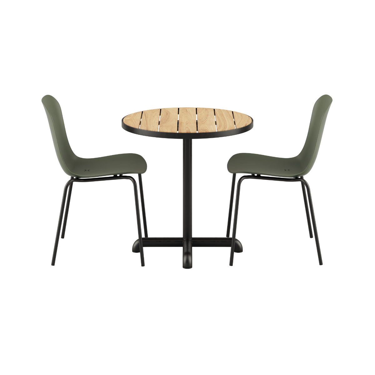 Kirra Café Table Noir med to Patio Chair no. One S2 i olivengrønn og svart, utendørs spisebordsett.
