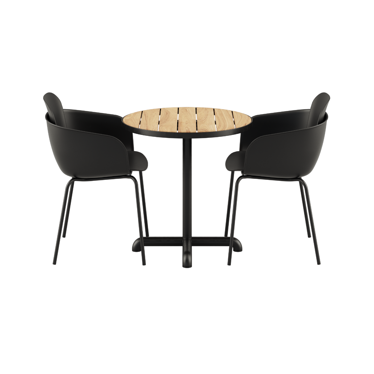 Rundt Kirra Café Table i teak med to Patio Chair no. One S2 stoler i olivengrønn og svart.