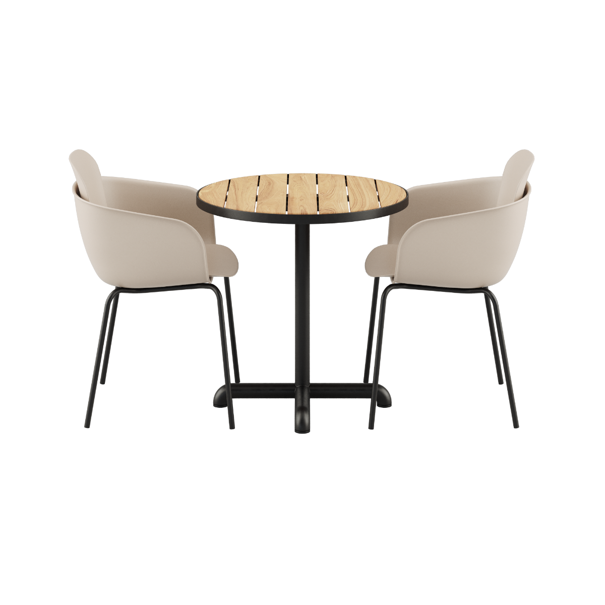 Rundt Kirra Café Table i teak med to Patio Chair no. One S2 i olive og noir farger.