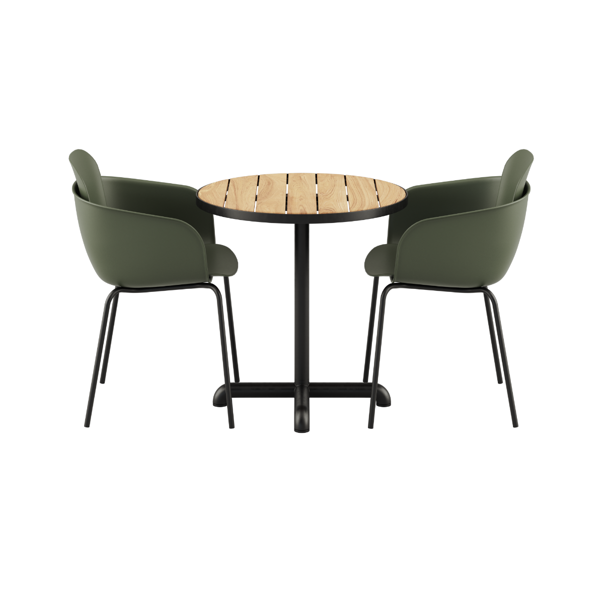 Rundt Kirra Café Table i teak med to Patio Chair no. One S2 stoler i olivengrønn og svart.
