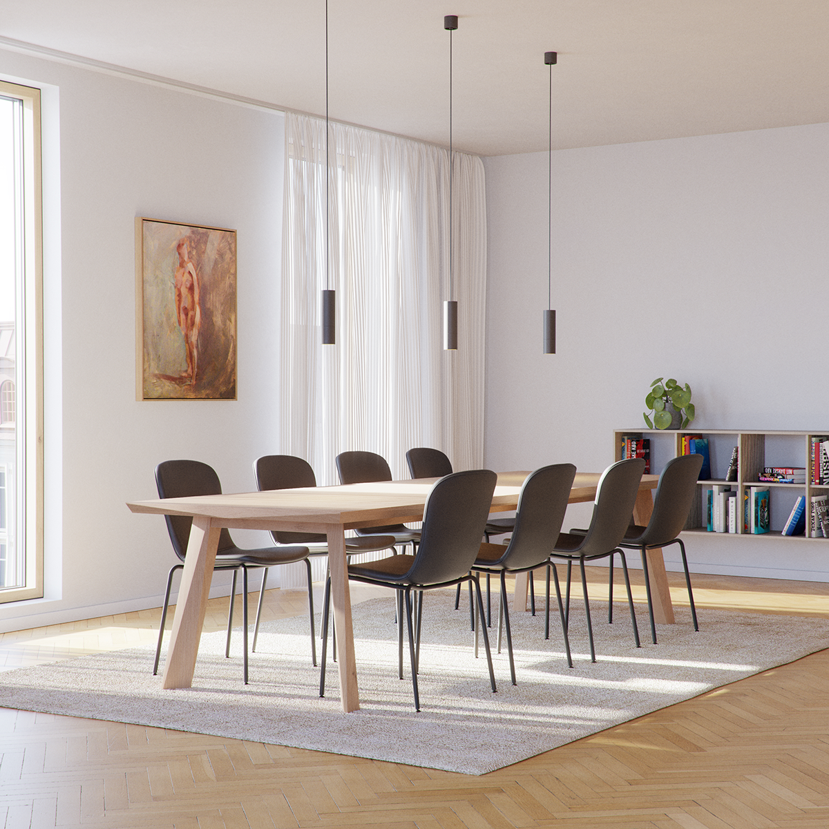 Chair no. One S1 spisestol med svart pulverlakkert stålramme og sete i resirkulert plast trukket med svart SPOOR-lær.