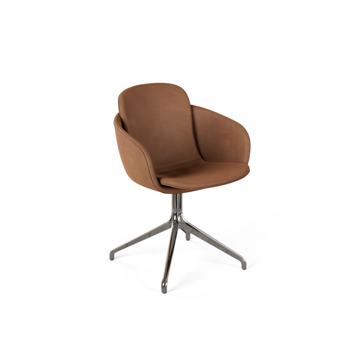 Chair no. One S2 in Luna Walnut with polished aluminum swivel base and leather upholstery.