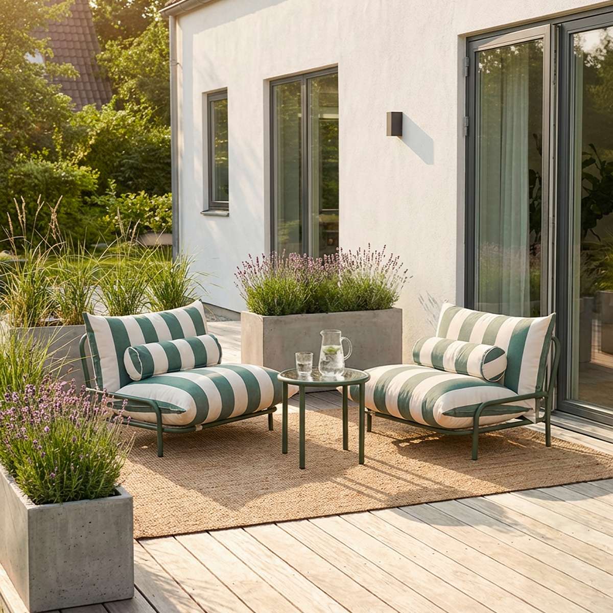 Mollis Lounge Chair i Renesse Olive med pulverlakkert aluminiumsramme og mykt tekstil, utendørs loungestol.
