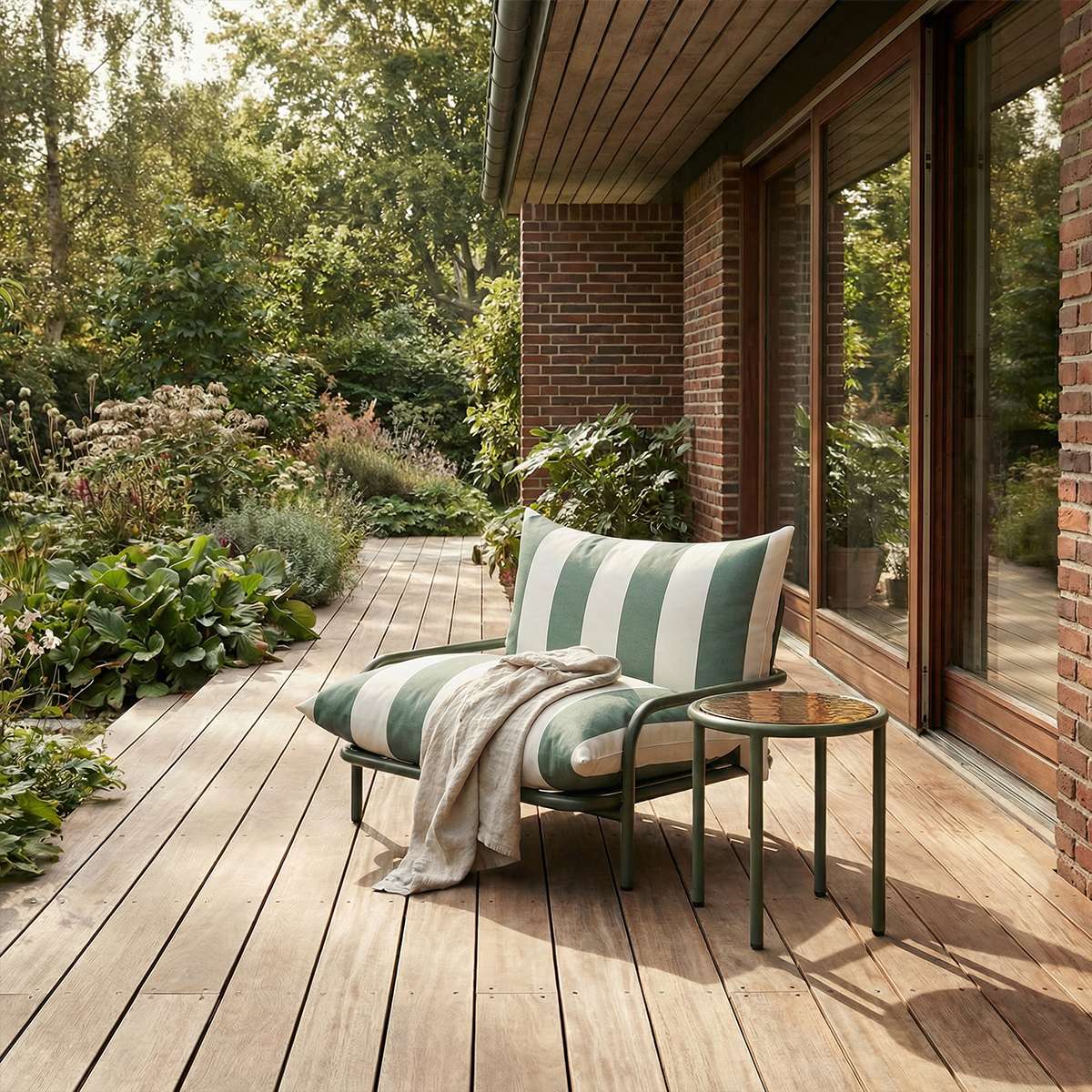 Mollis Lounge Chair i Renesse Olive med pulverlakkert aluminiumsramme og eco-sertifisert tekstil for utendørs bruk.