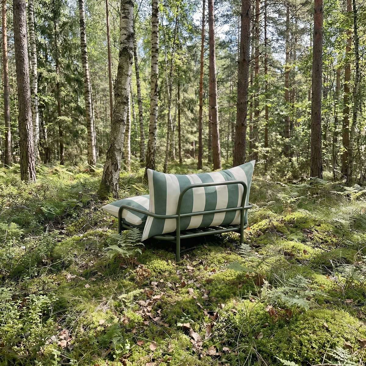 Mollis Lounge Chair i Renesse Olive med pulverlakkert aluminiumsramme og mykt tekstil, utendørs loungestol.