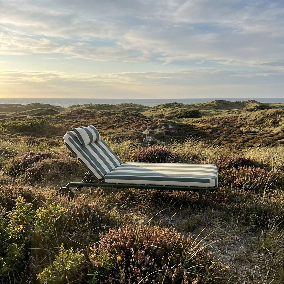 Mollis Sunbed utendørs solseng i Renesse Olive med justerbart rygglen og aluminiumsramme.