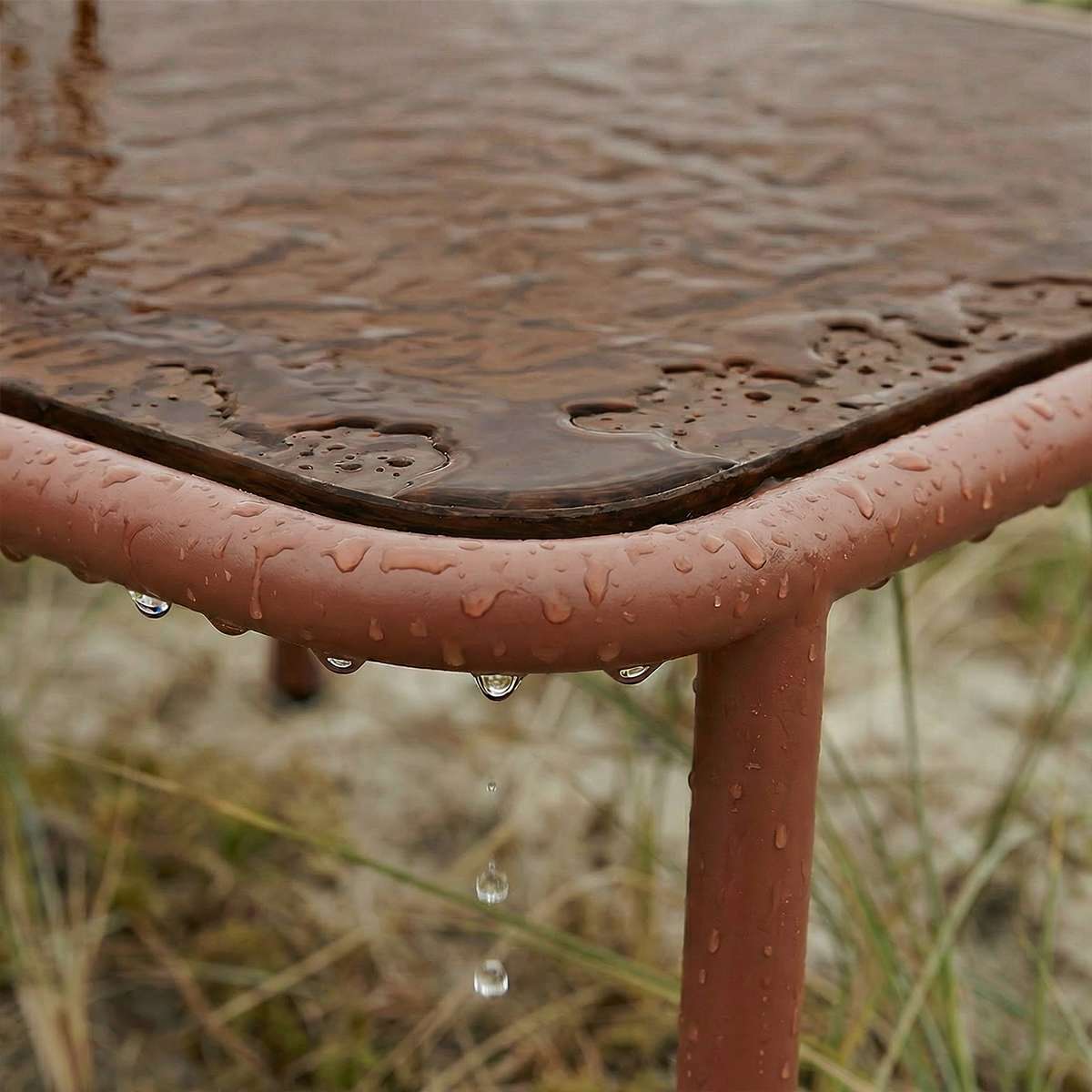 Mollis Coffee Table i chestnut med pulverlakkert aluminiumsramme og røykfarget herdet glass, utendørs bruk.