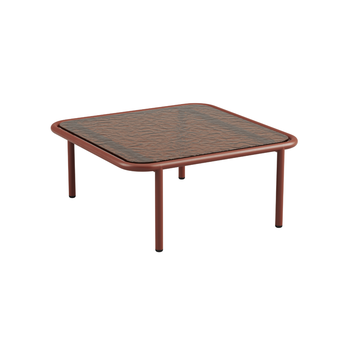 Mollis Coffee Table i chestnut med pulverlakkert aluminiumsramme og røykfarget herdet glass, kvadratisk form.
