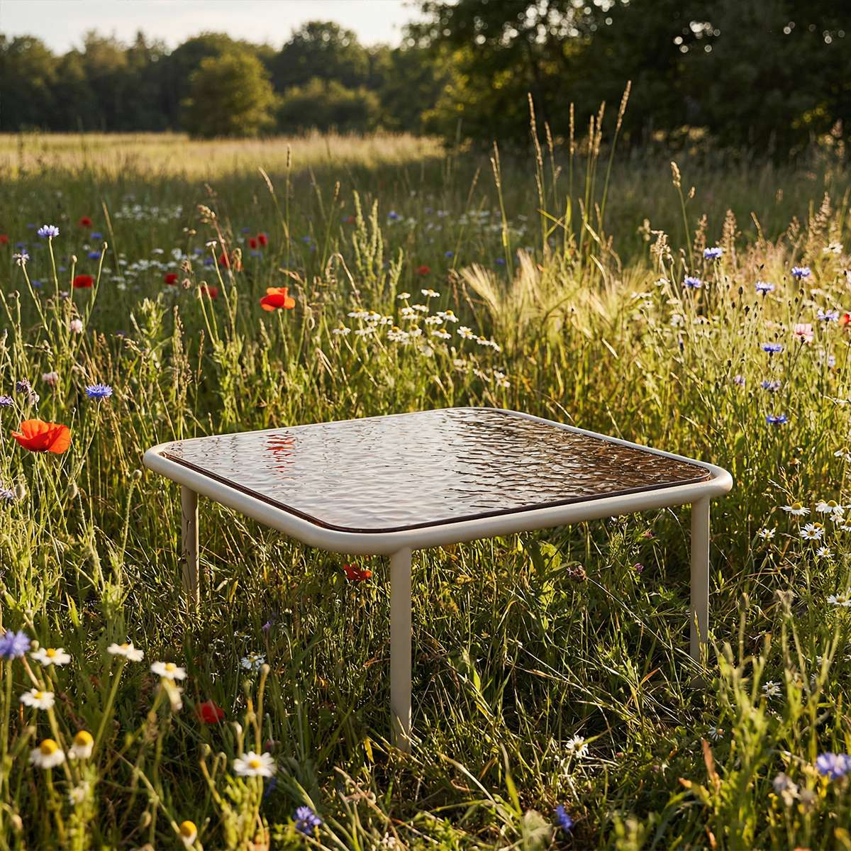 Taupe Mollis Coffee Table med pulverlakkert aluminiumsramme og røykfarget herdet glass, utendørs.