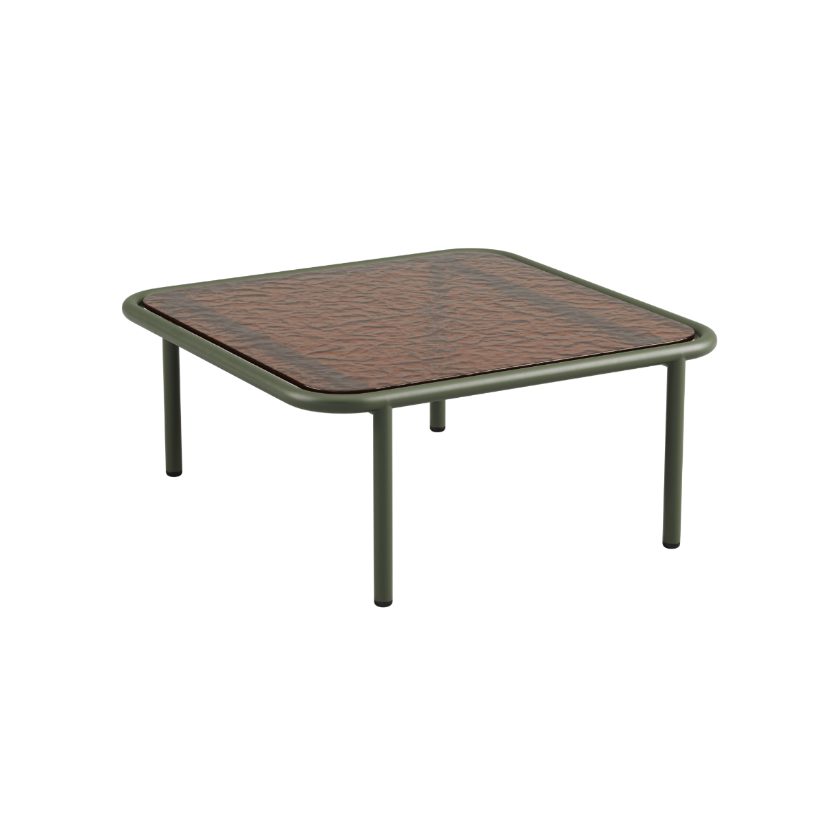 Mollis Coffee Table i olivengrønn med pulverlakkert aluminiumsramme og røykfarget herdet glassplate.