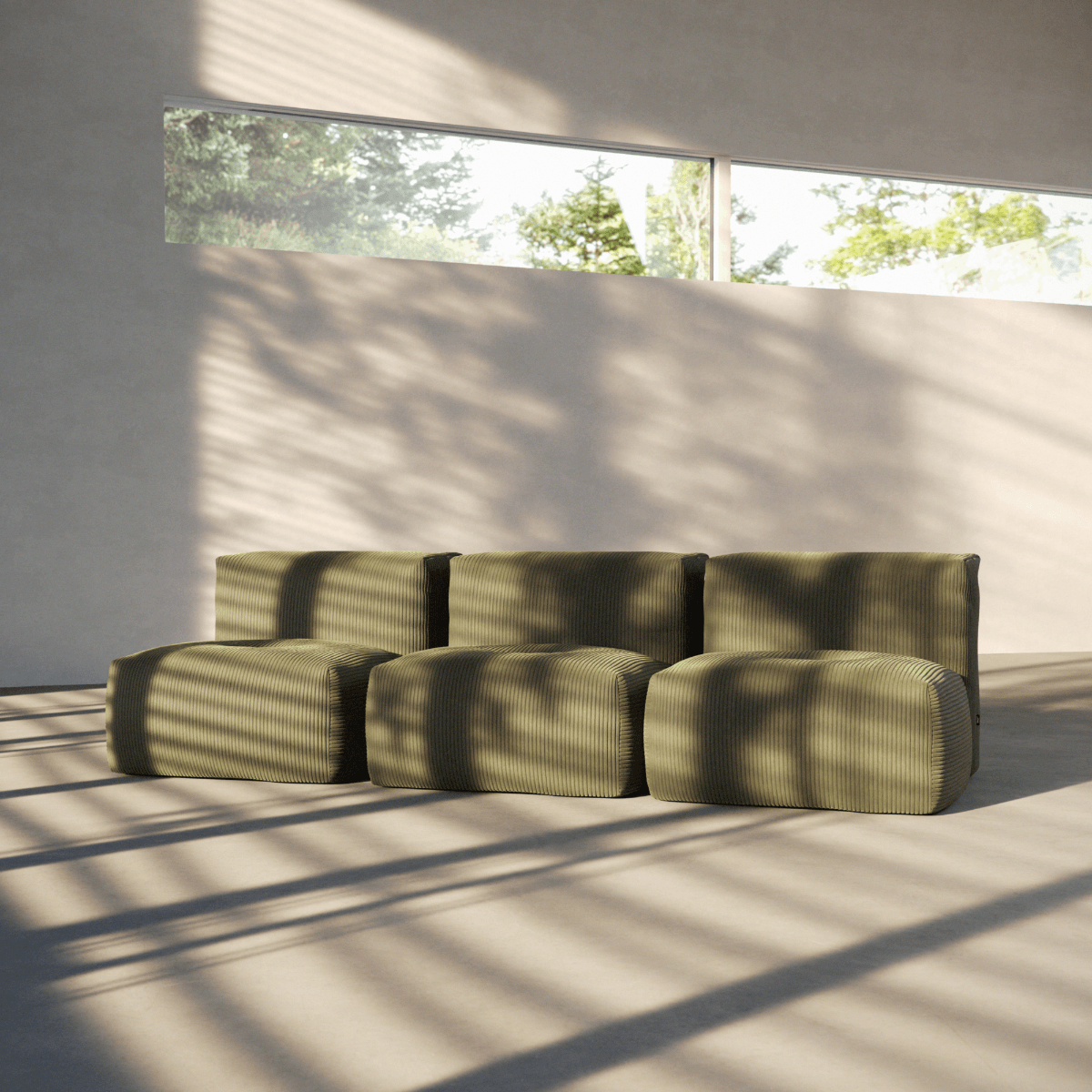 Soft Sofa Indoor 3-seter i Corduroy Rose tekstil uten puff, myk og modulær sofa for innendørs bruk.