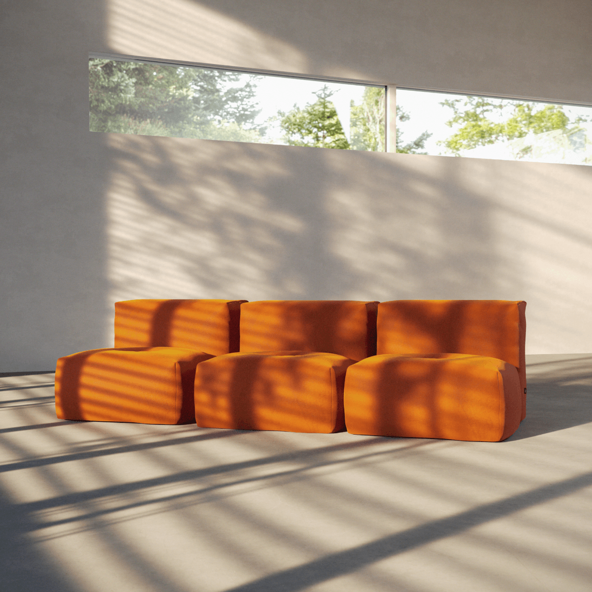 Soft Sofa Indoor 3-seter i Orange Jaquard tekstil uten puff, modulbasert og myk sofa for innendørs bruk.