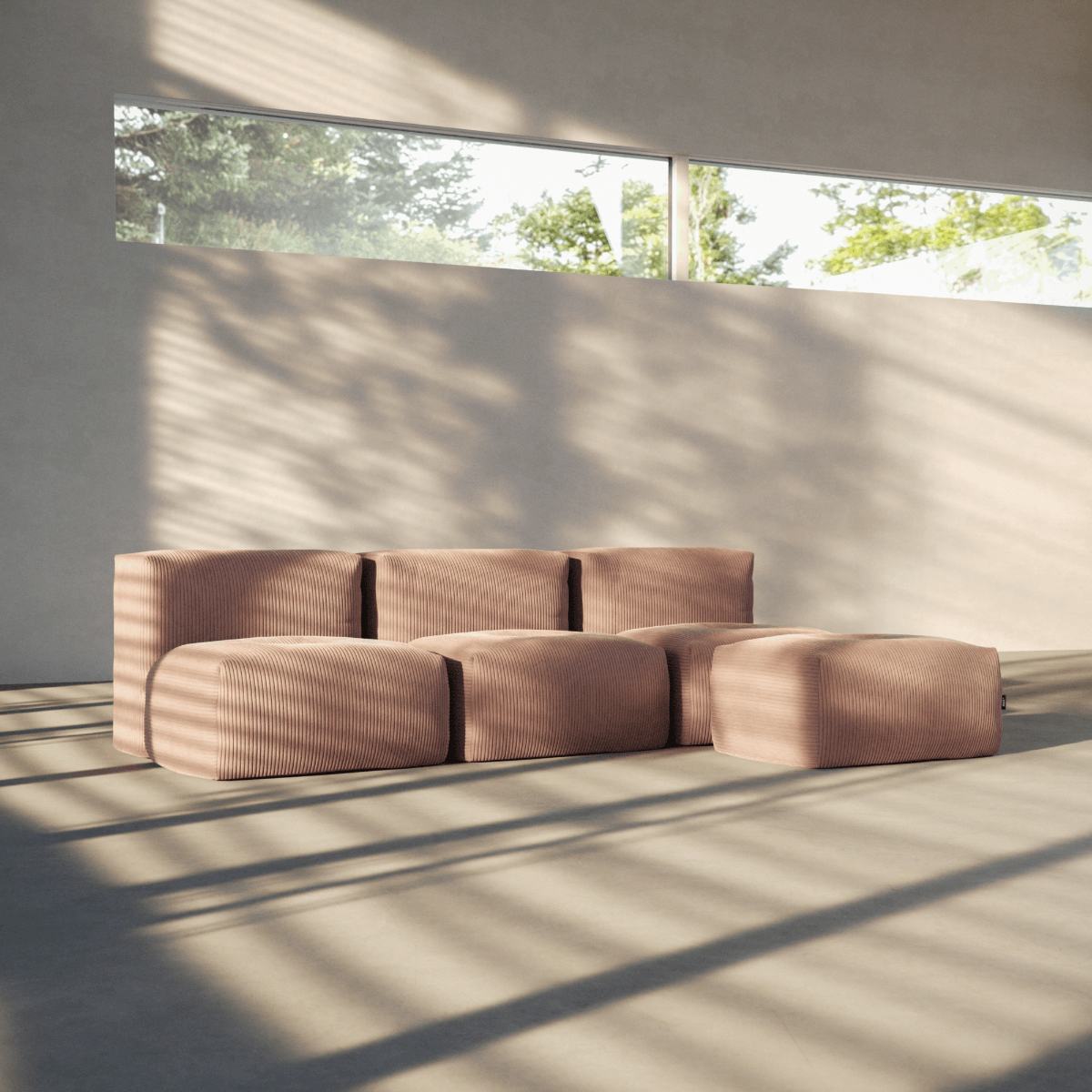 Soft Sofa Indoor 3-seter i Corduroy Rose stoff uten puff, myk og modulær sofa for innendørs bruk.