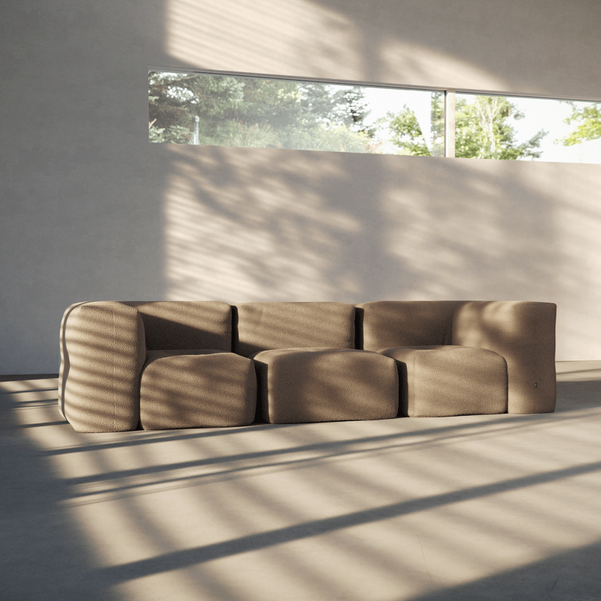 Soft Sofa Indoor hjørnesofa i mykt Teddy Beige stoff med modulær, rammefri design.