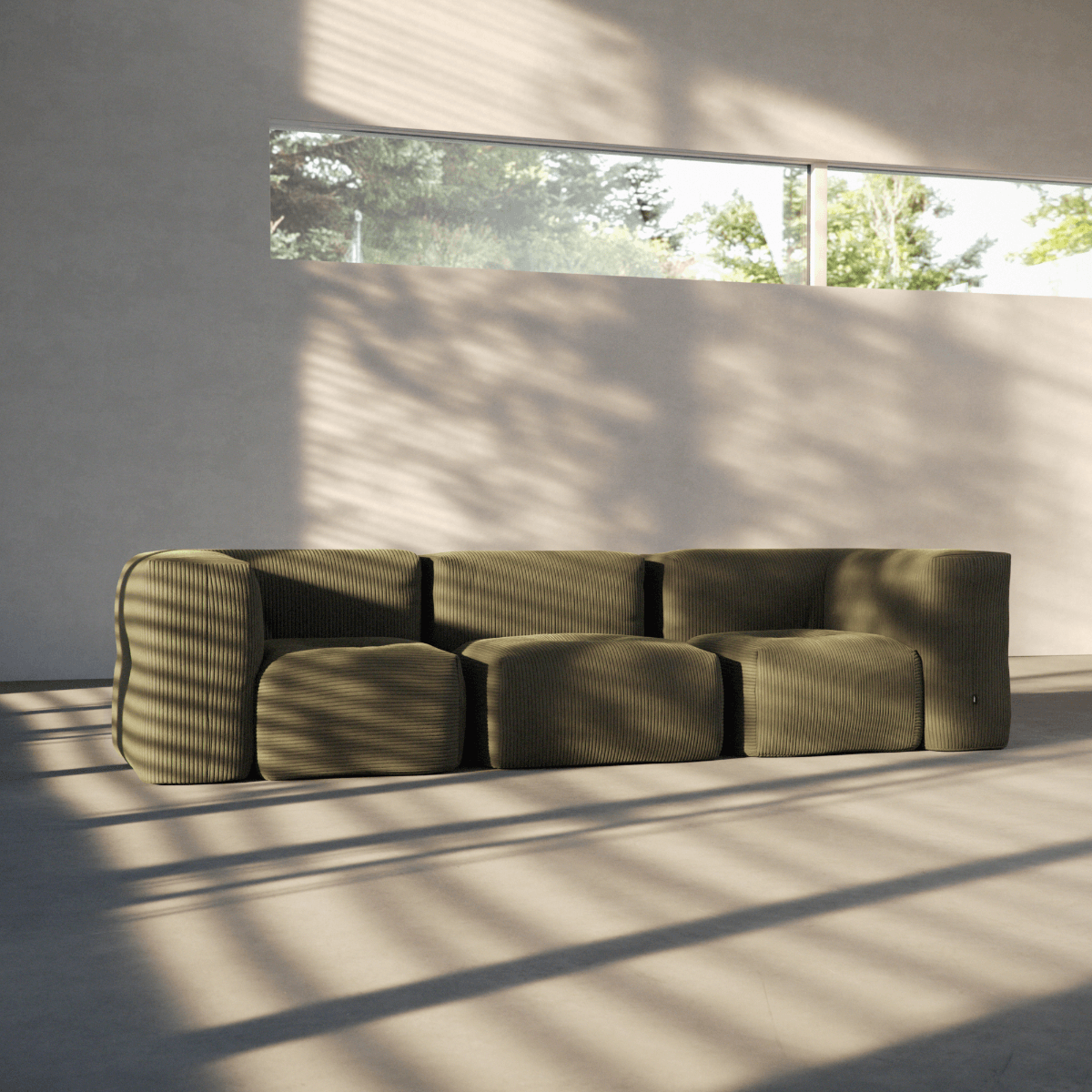 Soft Sofa Indoor hjørnesofa i myk corduroy i rosa, modulbasert og uten ramme.