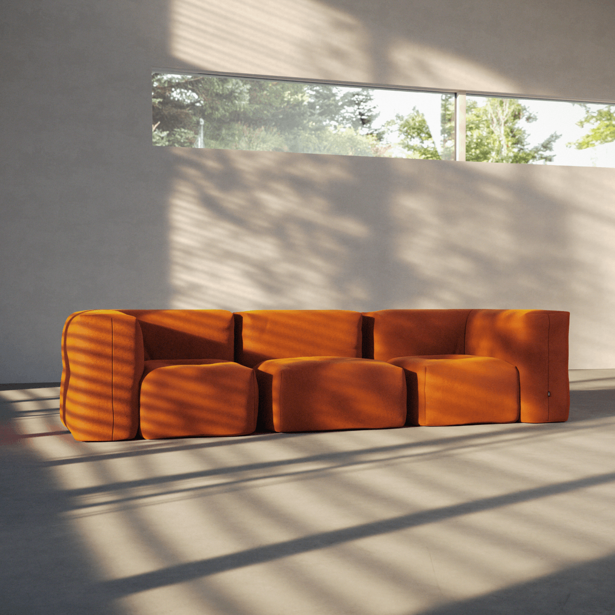Soft Sofa Indoor hjørnesofa i oransje Jaquard-stoff med myk, modulær design.