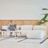 Soft Sofa Indoor Lounger i beige corduroy stoff med myk, modulbasert design og lav sittehøyde.