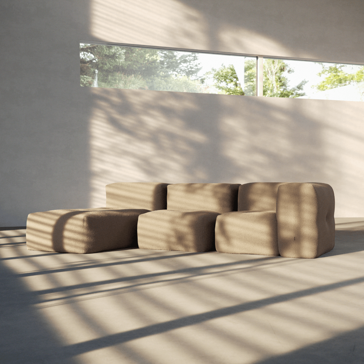 Soft Sofa Indoor Lounger i Teddy Beige stoff med myk, modulær design og avtakbart trekk.