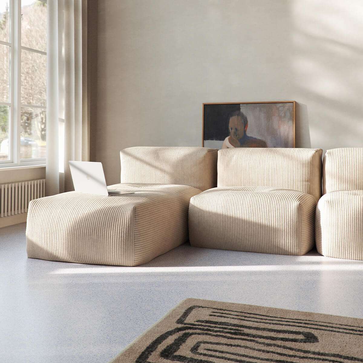 Soft Sofa Indoor Lounger i olivengrønn corduroy tekstil med myk, modulær design.