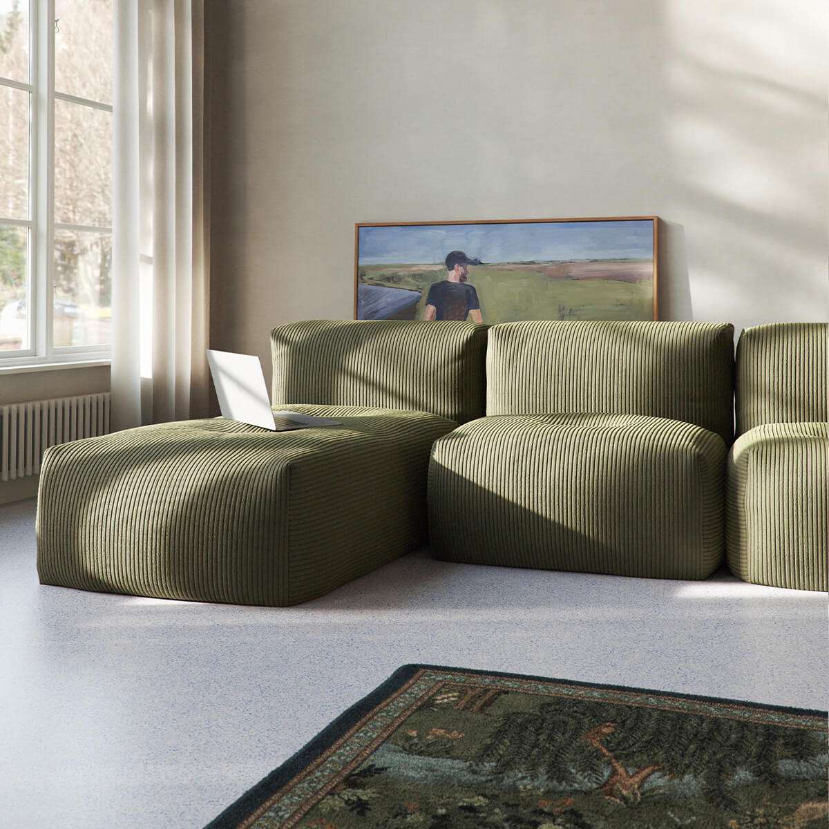 Soft Sofa Indoor Lounger i olivengrønn kordfløyel, modulbasert og myk sofa uten ramme.