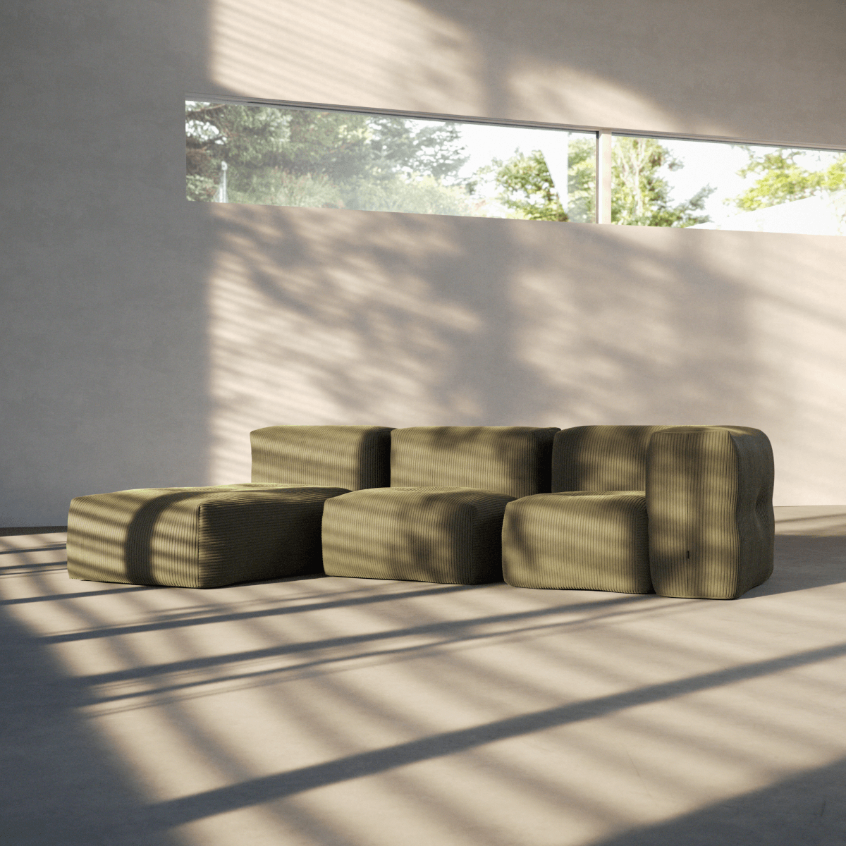 Soft Sofa Indoor Lounger i olivengrønn corduroy med myk, modulbasert design og avtakbart trekk.