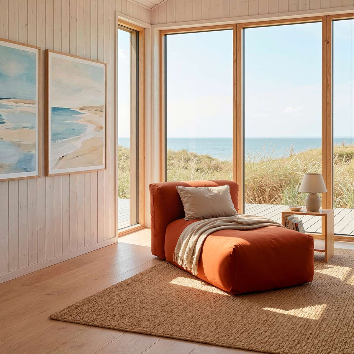 Soft Sofa Indoor Lounger i oransje jaquard stoff med myk, modulbasert design og lav sittehøyde.