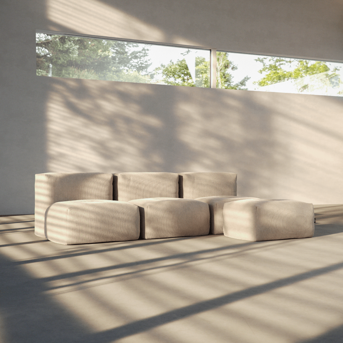 Soft Sofa Indoor pouf i olivengrønn corduroy med myk, modulær design og sklisikker bunn.