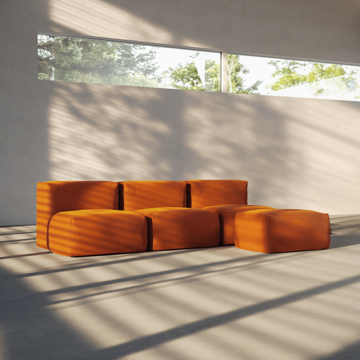 Soft Sofa Indoor pouf in beige Corduroy fabric with wide ribbed texture on a white background.