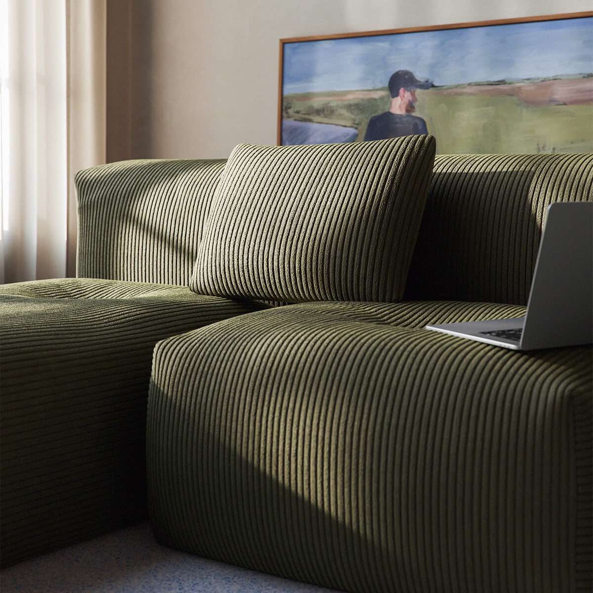 Rektangulær pute i Corduroy Olive med brede ribber, til Soft Sofa Indoor.