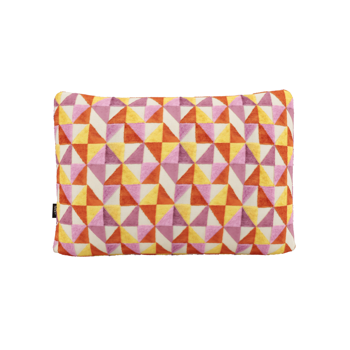 Rektangulær Soft Sofa Indoor Cushion i oransje jaquard stoff med geometrisk mønster.