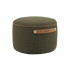 SACKit Pouf Indoor i olivengrønn Cosmo-tekstildesign, rund og kompakt puf med stropp på siden.