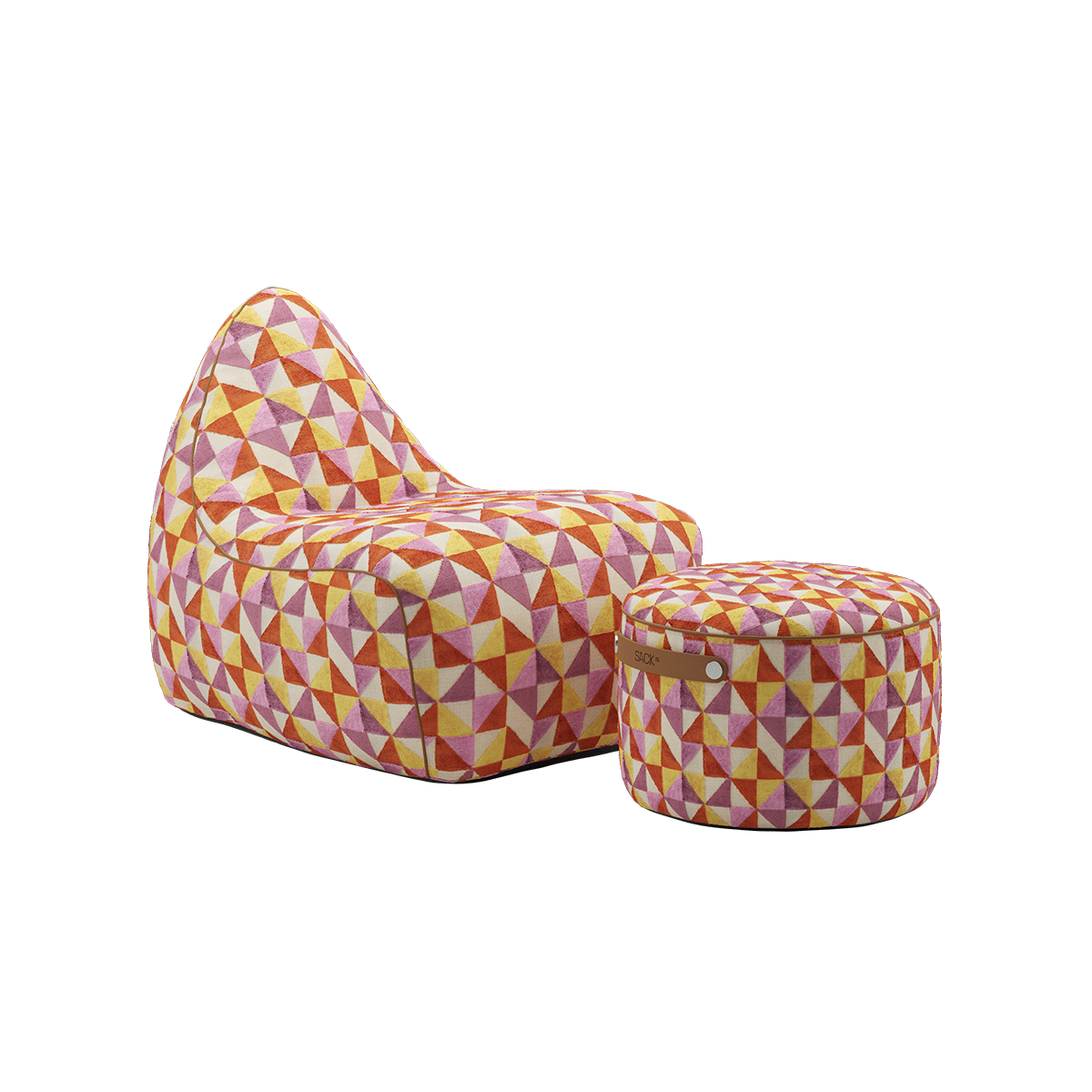 SACKit Chair & Pouf Indoor i mykt stoff, rund puf og stol med høy ryggstøtte.