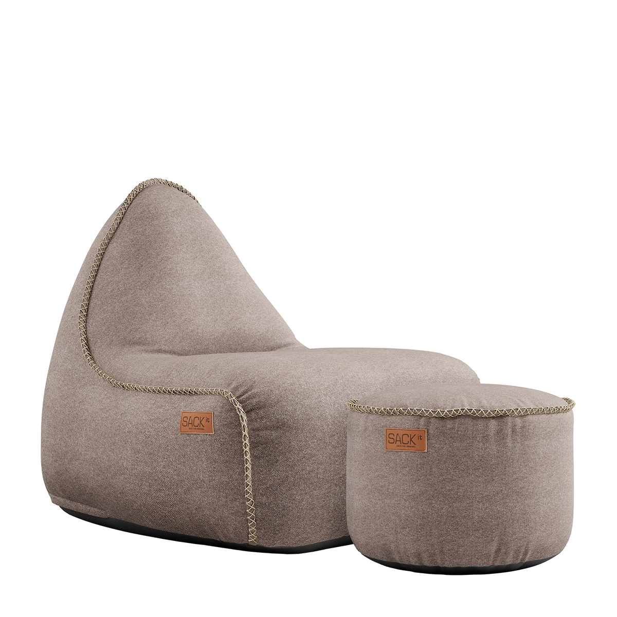 Canvas Lounge Chair og puf i petrol lerretstoff med myk form og ryggstøtte.