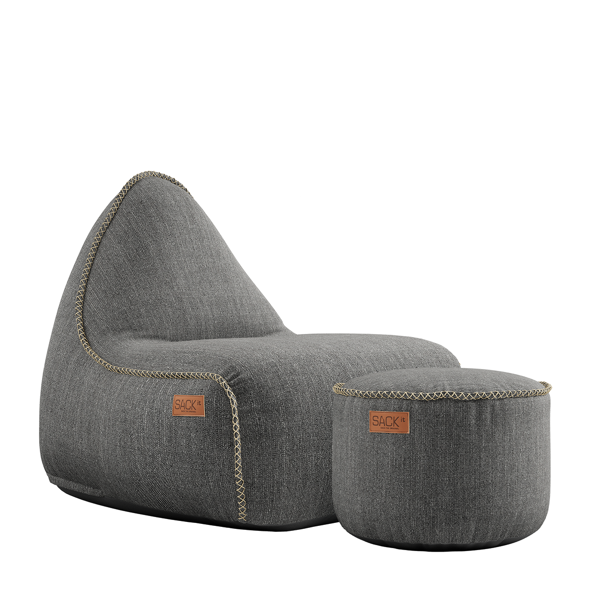 Cobana Lounge Chair og Pouf i grått stoff med rund puf og sakkosekk med ryggstøtte.