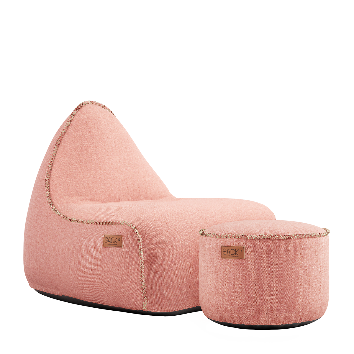 Cobana Lounge Chair og Pouf i rosa olefinfiber med rund puf og ryggstøtte, innendørs og utendørs bruk.