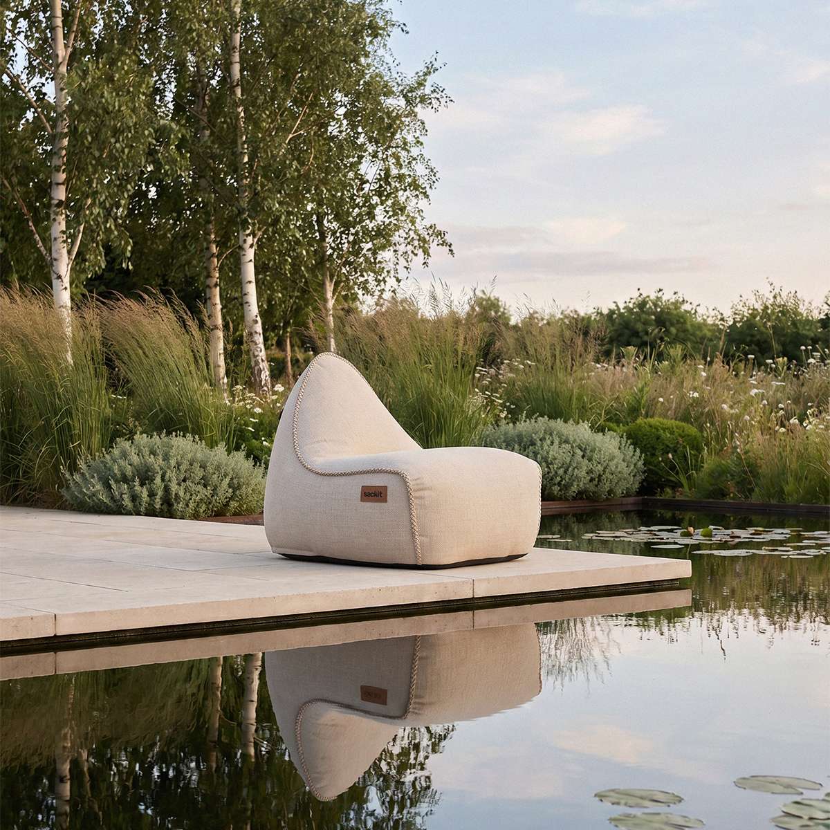 Lys beige loungestol fra sackit på en terrasse ved hagedam omgitt av frodig nordisk natur og speilbilder i vannet