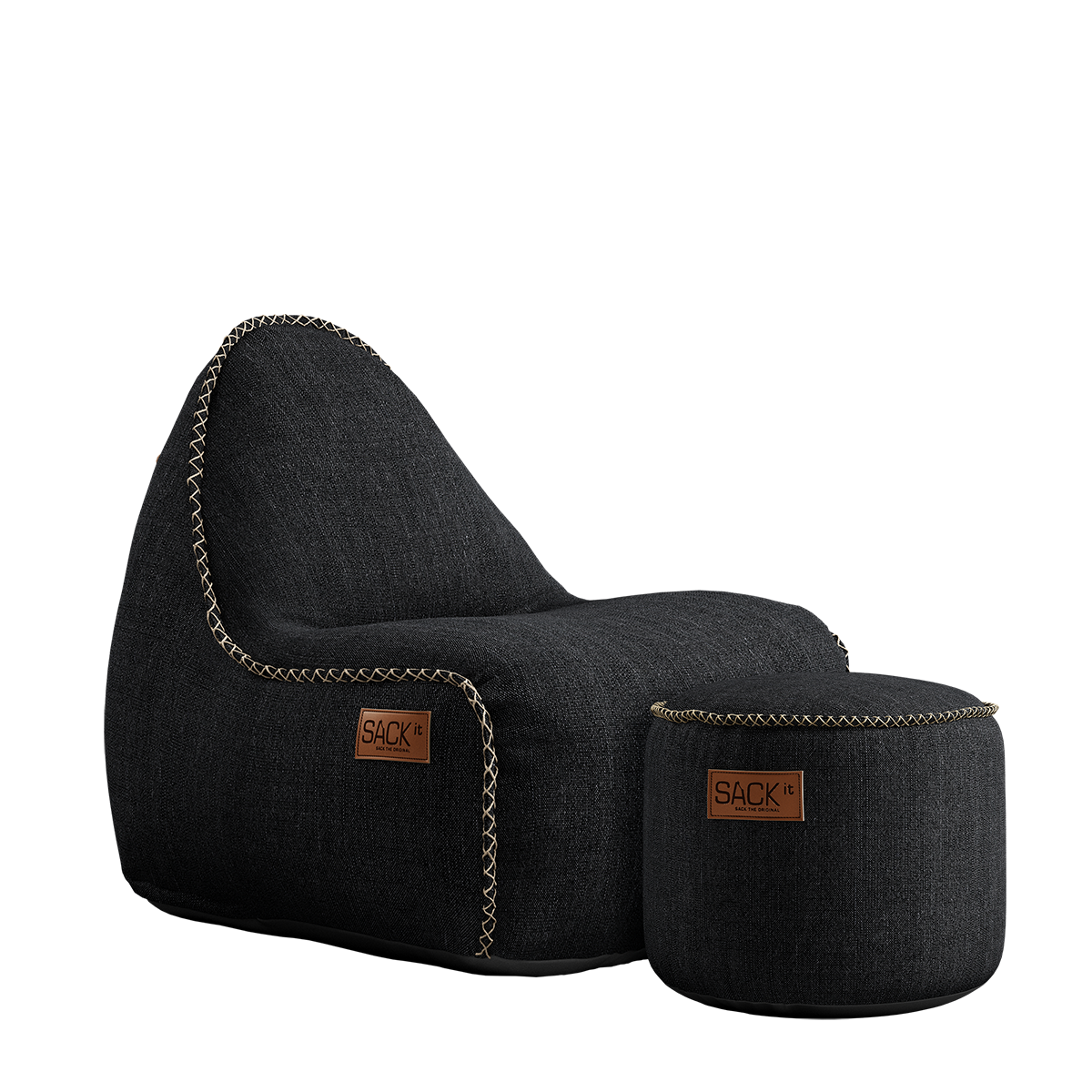 Cobana Junior Lounge Chair og puf i svart olefinfiber med rund, myk form for barn.
