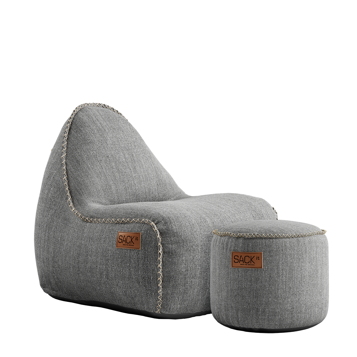 Cobana Junior Lounge Chair og pouf i lys sandmelange, vannavstøtende og holdbar sakkosekk for barn.