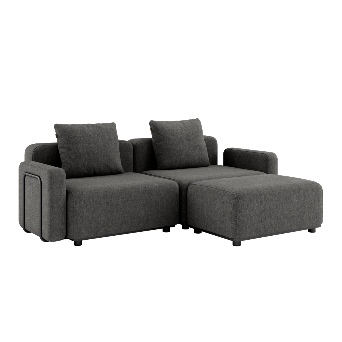 Cobana Lounge Sofa 2-seter i grå med armlener og puff, modulær utendørs sofa i aluminium og tekstil.