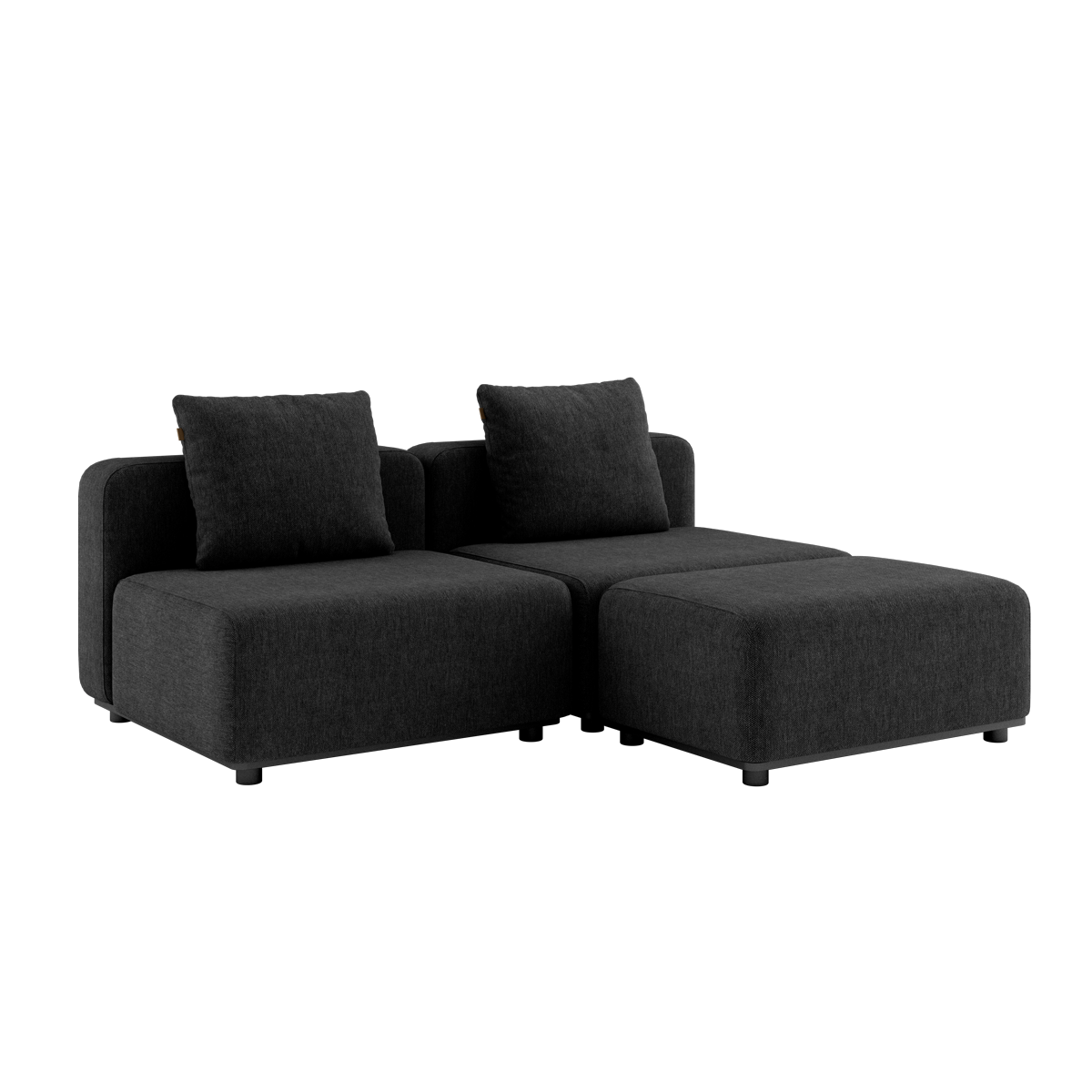 Cobana Lounge Sofa i svart uten armlener med puff, modulær utendørs sofa i aluminium og tekstil.