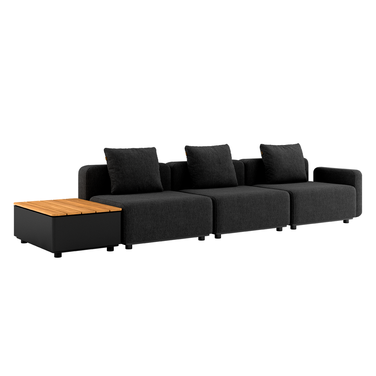 Sort modulbasert utesofa med tre sitteplasser og integrert oppbevaringsbord i teak fra sackit for terrasse og hage med dansk design