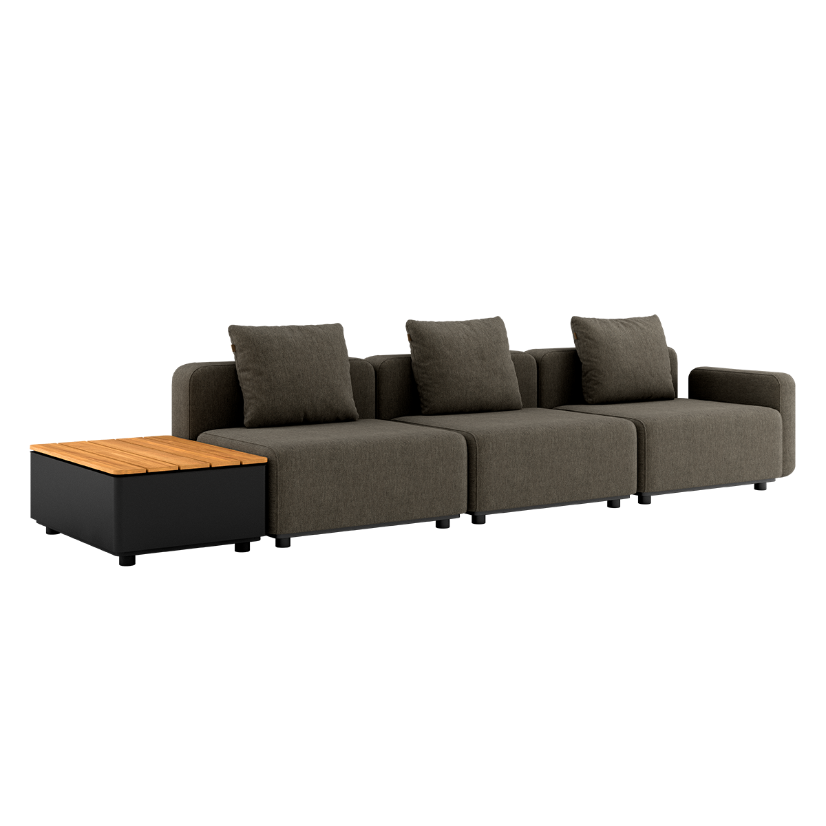 Mørkegrå modulbasert loungesofa med tre sitteplasser og integrert sidebord i teak fra sackit for nordiske uteområder