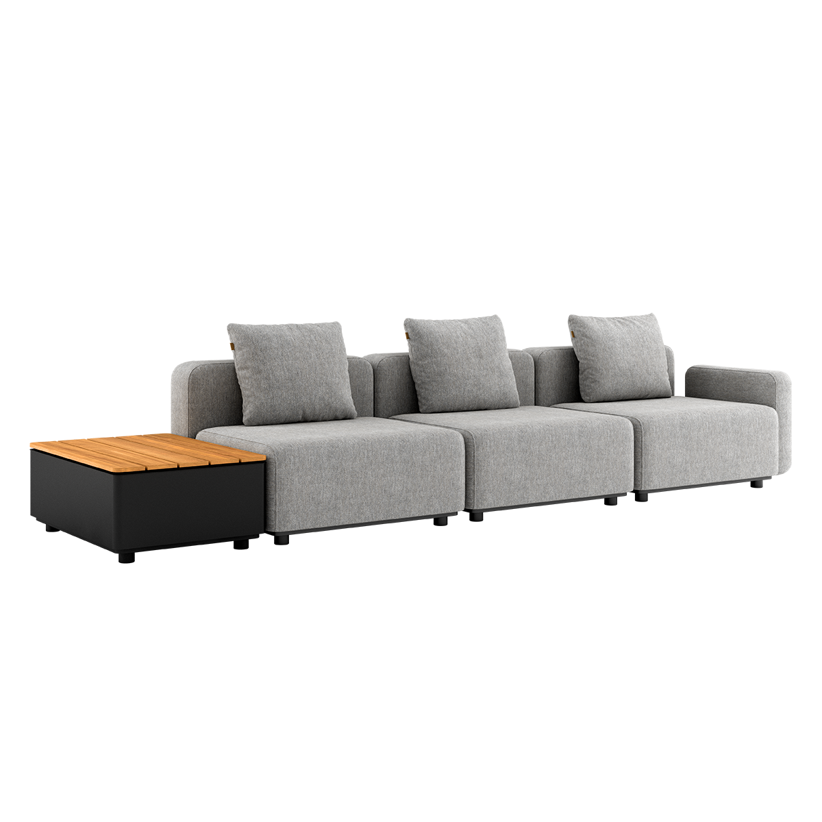 Grå modulbasert loungesofa for tre personer med tre ryggputer og svart sidebord med teakplate fra sackit designet i Danmark
