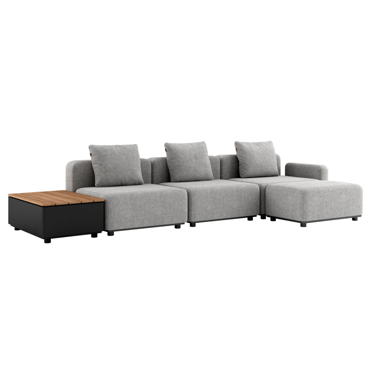 Grå modulbasert utesofa for tre personer med tre puter og utebord med oppbevaring fra sackit. Dansk design for hage og terrasse