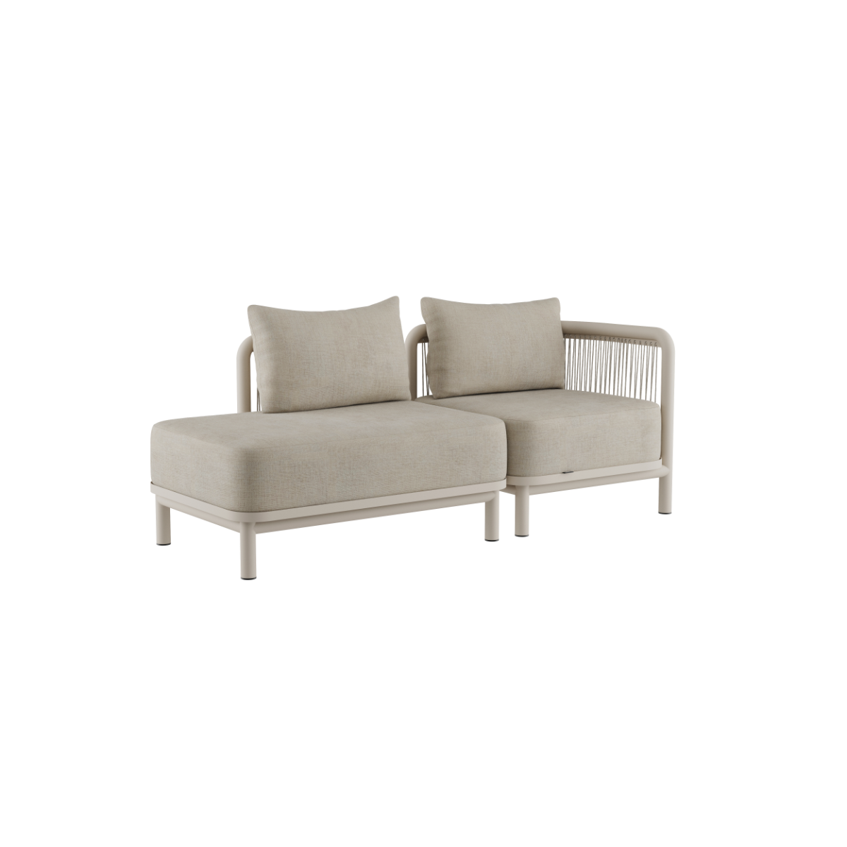 Kirra Lounge Sofa 2-seter med høyre åpen ende i sandfarget olefin-tekstiltrekk og aluminiumsramme.
