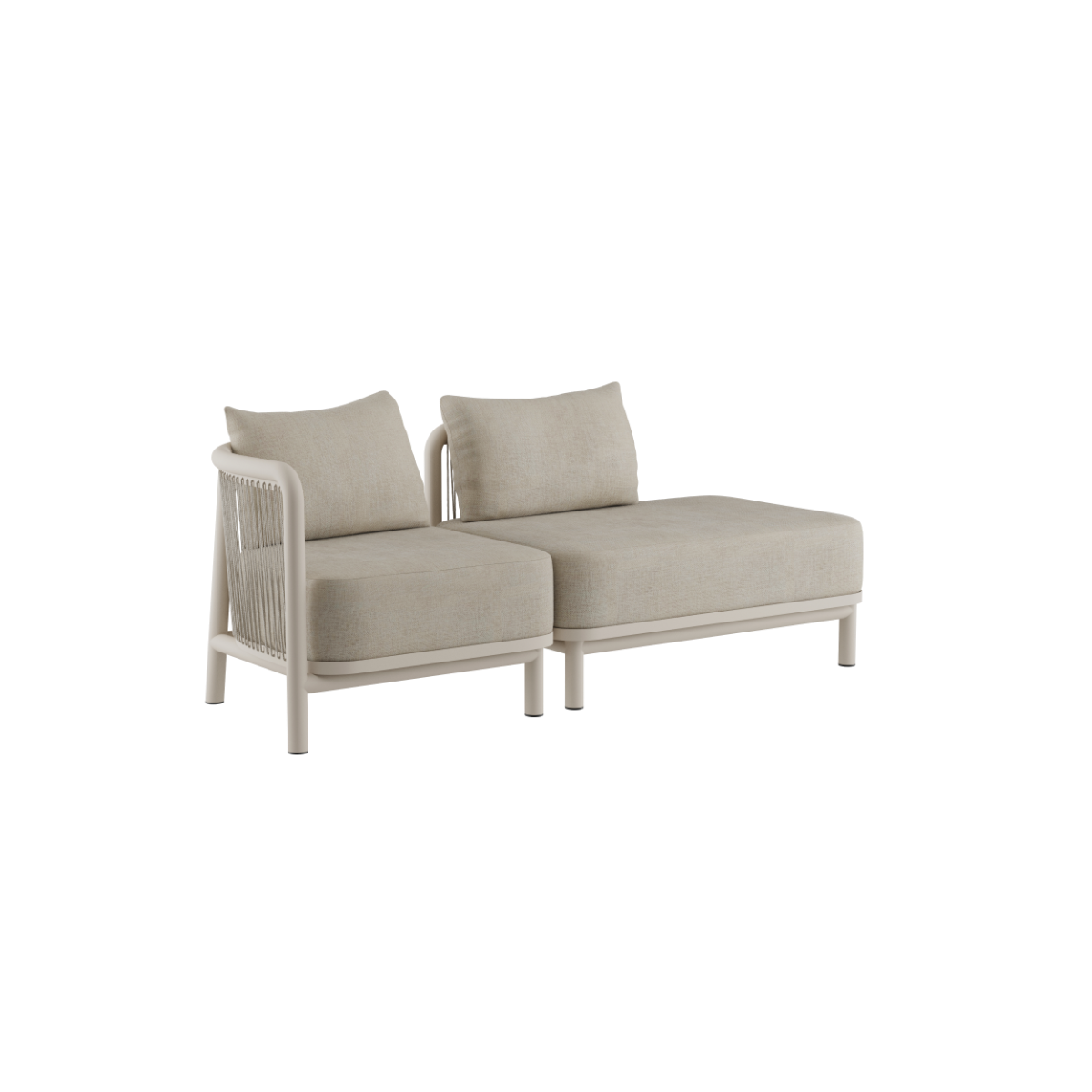 Kirra Lounge Sofa 2-seter i sandfarge med åpen venstre ende, aluminiumsramme og olefin-tekstiler.