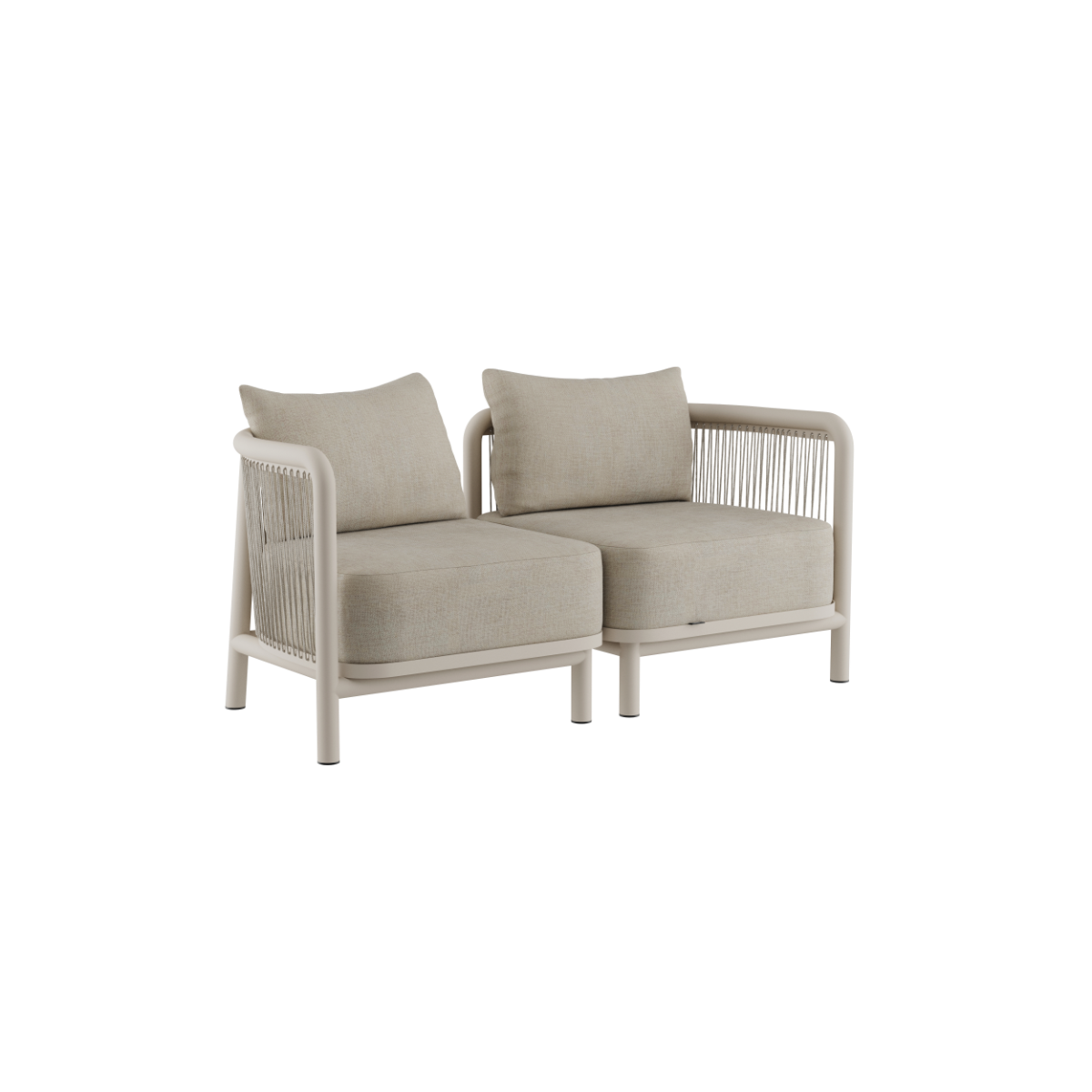 Kirra Lounge Sofa 2-seter i sandfarget olefin-tekstiltrekk med aluminiumsramme, modulær og utendørs bruk.